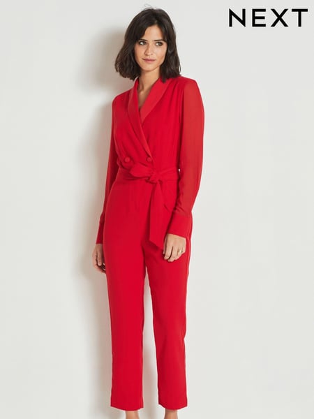 Red Sheer Sleeve Tuxedo Jumpsuit (N02130) | € 19