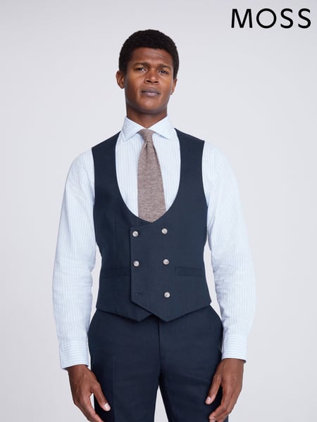 MOSS Navy Blue Slim Fit Matt Linen Waistcoat (N02495) | € 70