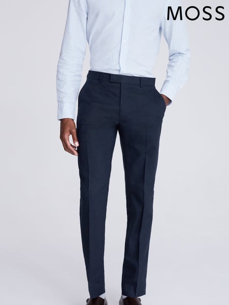 MOSS Blue Slim Fit Matte Linen Trousers (N02496) | € 156