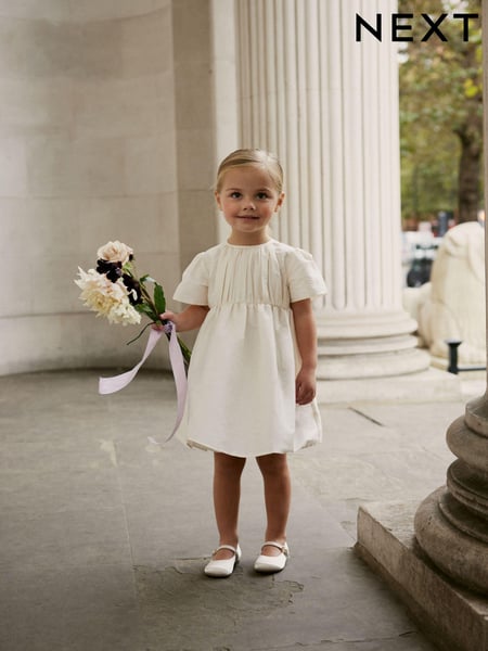 Cream Pleat Detail Short Sleeve Taffeta Dress (3mths-10yrs) (N02857) | € 18 - € 23
