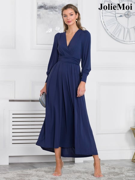 Jolie Moi Navy Blue Rashelle Jersey Long Sleeve Maxi Dress (N06188) | € 103
