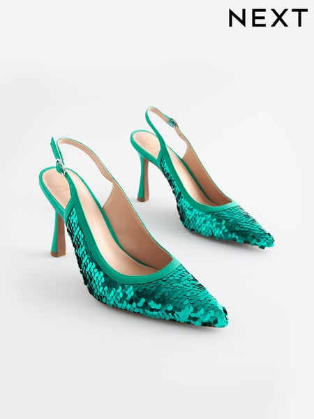 Aqua Blue Forever Comfort® Sequin Point Toe Slingback Heels (N09190) | € 12