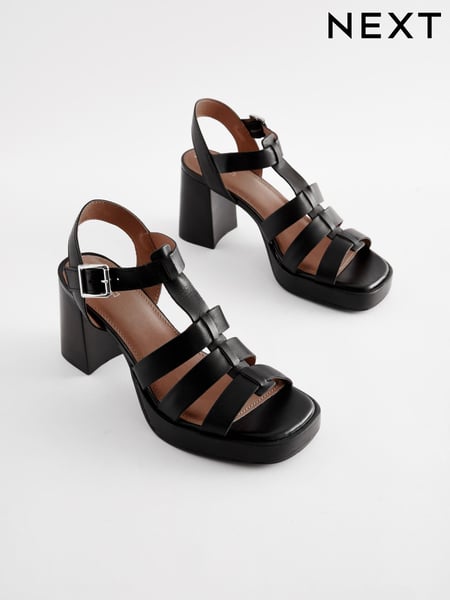 Black Forever Comfort Leather Fisherman Platform Heels (N09702) | € 19