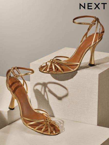 Gold Premium Leather Cage Heeled Sandals (N09706) | € 18
