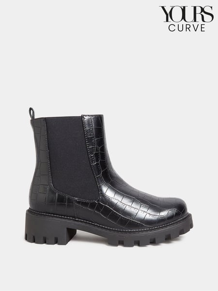 Yours Curve Black Wide Fit Chunky Chelsea Croc Effect Boots (N10311) | € 14