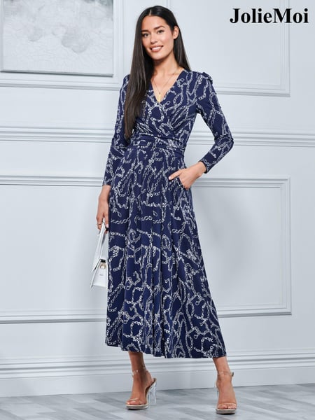 Jolie Moi Blue Chain Print Long Sleeve Maxi Dress (N11085) | € 29