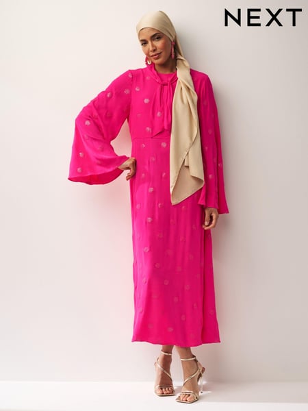 Bright Pink Long Sleeve Embellished Scarf Maxi Dress (N11104) | € 28