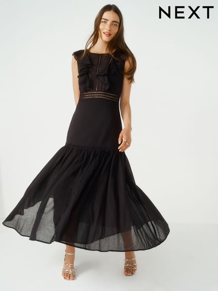 Black 100% Cotton Sleeveless Ruffle Lace Insert Maxi Dress (N11107) | € 41