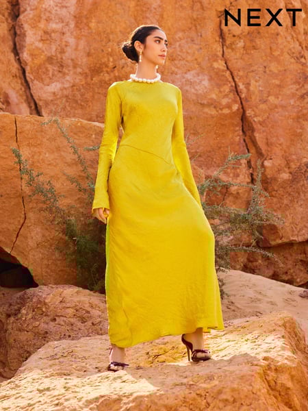 Ochre Yellow Maxi Long Sleeve Metallic Column Dress (N11108) | € 21