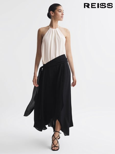 Reiss Cream/Black Natalia Asymmetric Belted Wrap Midi Dress (N11626) | € 418