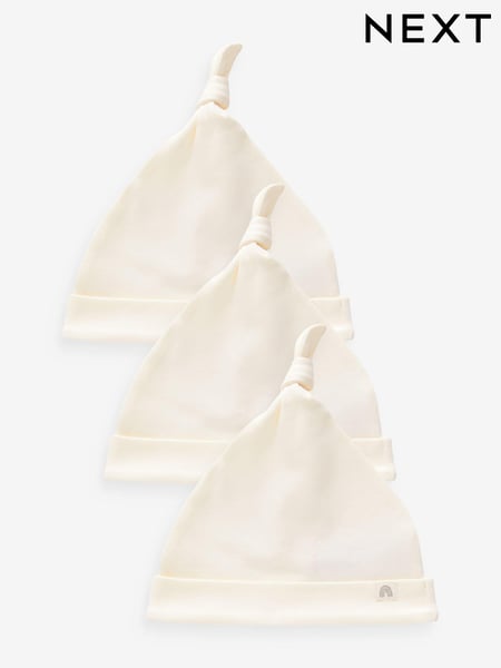 Cream 100% Cotton Tie Top Baby Hats 3 Pack (0-12mths) (N13585) | € 5