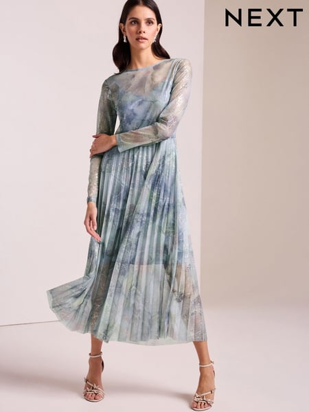 Pale Blue Long Sleeve Foil Pleated Midi Dress (N13878) | € 22