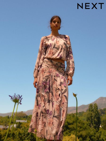 Blush Pink Floral Print Crinkle Mesh Maxi Skirt (N13879) | € 23