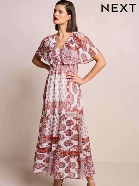 Red and White Print Angel Sleeve Tiered Maxi Dress (N13884) | € 21