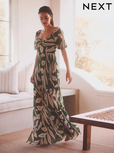 Green and White Leaf Print Short Sleeve Ocassion Maxi Dress (N13888) | € 49