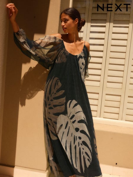 Black Palm Leaf Print Crinkle Mesh Volume Cami Maxi Dress (N13892) | € 24