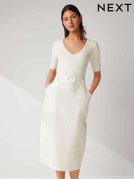 Ecru White Woven Mix Short  Sleeve Midi Dress (N17075) | € 24