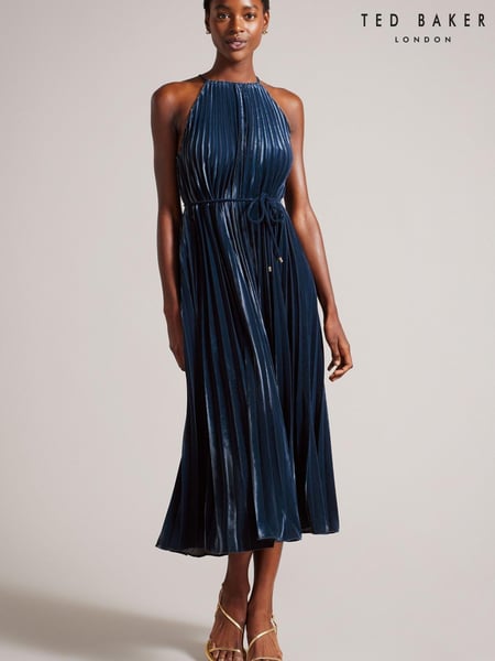 Ted Baker Blue Kassiah Pleated Halterneck Midi Dress (N17241) | € 152