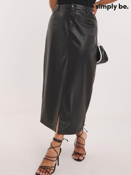 Simply Be Black PU Stretch Maxi Skirt with Front Split (N18281) | € 10