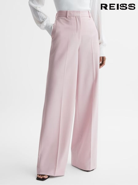 Reiss Pink Evelyn Wool Blend Mid Rise Wide Leg Trousers (N18477) | € 278