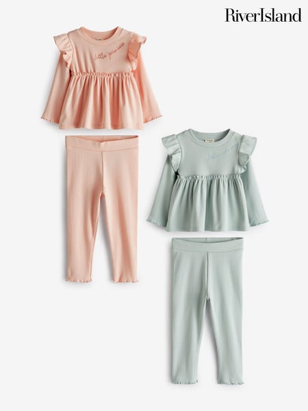River Island Pink Mini Girls 100% Cotton Rib Peplum Set 2 Pack (N20870) | € 44