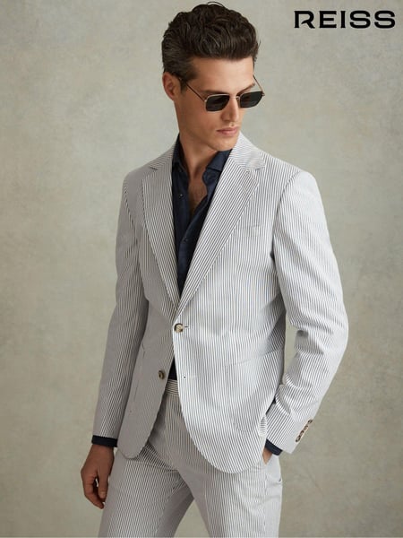 Reiss Soft Blue/White Barr Cotton Seersucker Single Breasted Slim Fit Blazer (N21176) | € 465