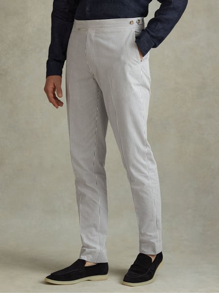 Reiss Soft Blue/White Barr Cotton Seersucker Adjuster Slim Fit Trousers (N21200) | € 231
