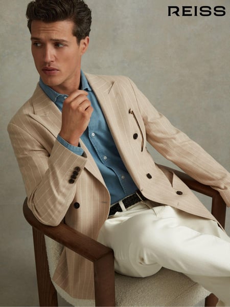 Reiss Oatmeal Jeremiah Slim Fit Double Breasted Striped Blazer (N21201) | € 512