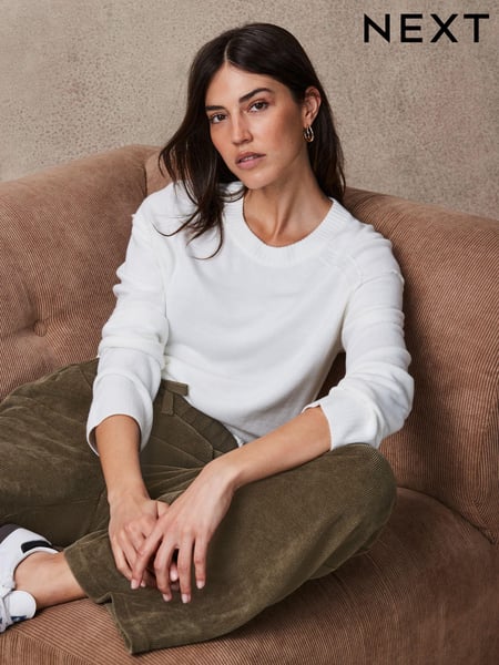 Ecru White Soft Touch Pattern Knitted Cosy Crew Neck Jumper (N21330) | € 14