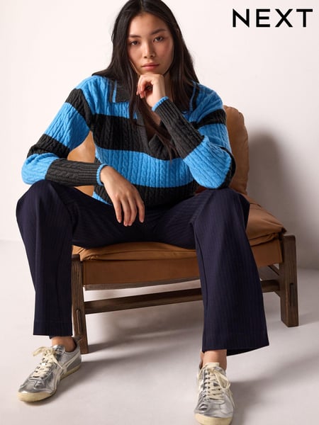 Blue Stripe Polo V-Neck Collared Cable Knit Jumper (N21349) | € 24