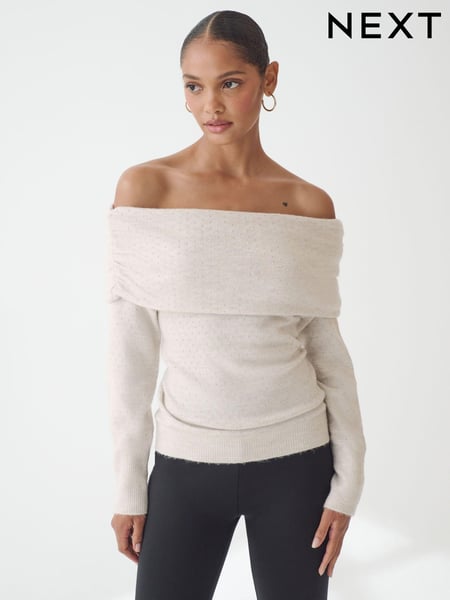 Neutral Bardot Off The Shoulder Embellished Sparkle Knitted Jumper (N21373) | € 11