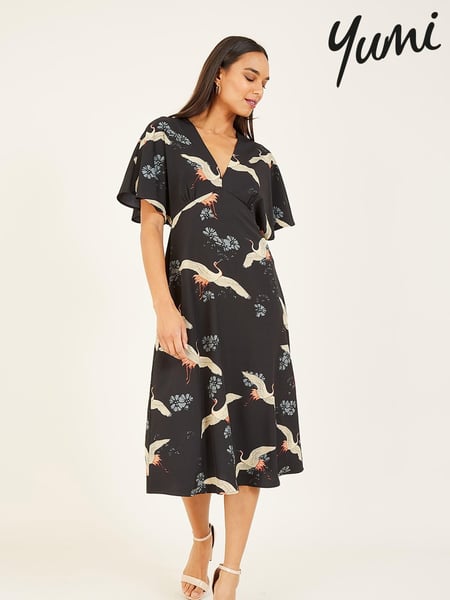 Yumi Black Crane Print Kimono Midi Dress (N21904) | € 78