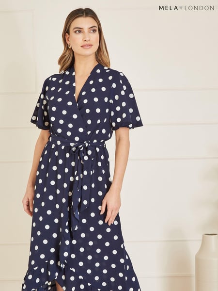 Mela Blue Spot Print Wrap Midi Dress With Frill Detail (N21907) | € 30