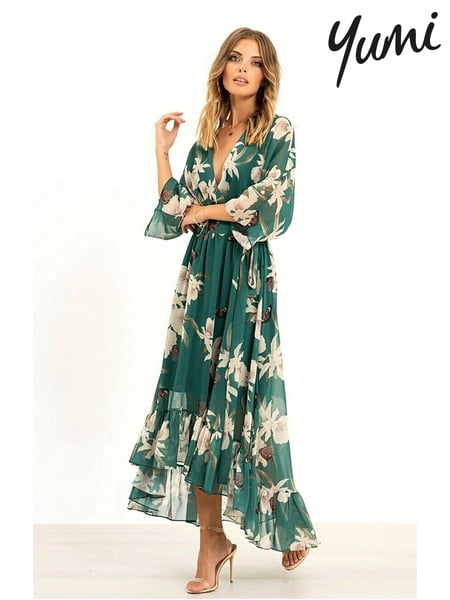 Yumi Forest Green Floral Kimono Sleeves Dip Hem Wrap Midi Dress (N22214) | € 101