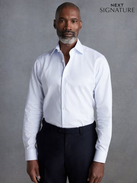 White/Blue Stripe Slim Fit Signature 100% Cotton Single Cuff Shirt With Cutaway Collar (N22905) | € 36
