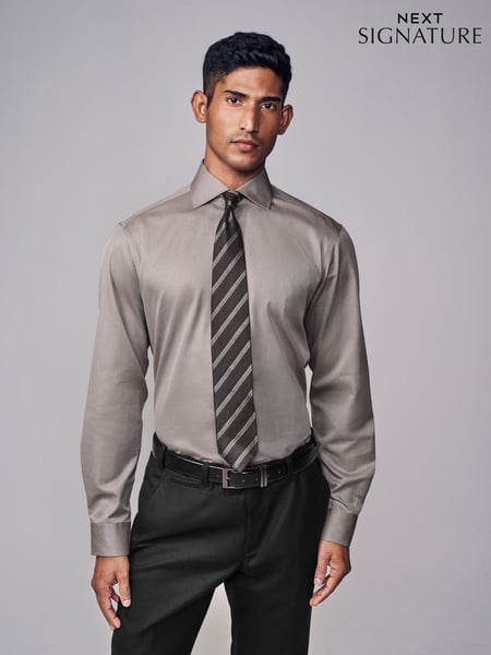 Neutral Brown Slim Fit Signature Single Cuff Texture Pima Cotton Shirt With Cutaway Collar (N23269) | € 78