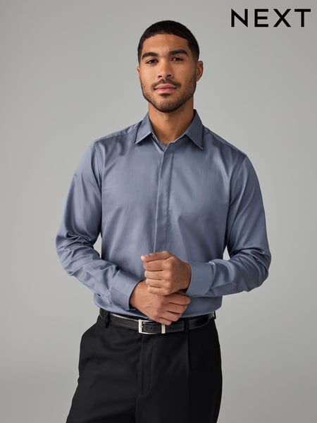Dusky Blue Slim Fit 100% Cotton Long Sleeve Single Cuff Sateen Piped Shirt (N23297) | € 18