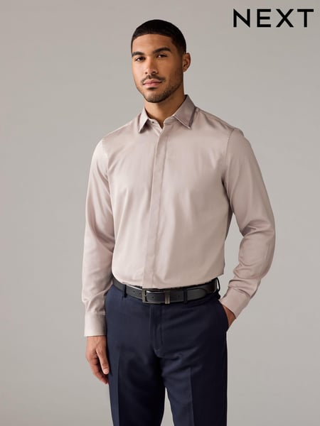 Neutral Brown Regular Fit 100% Cotton Long Sleeve Single Cuff Sateen Piped Shirt (N23301) | € 27
