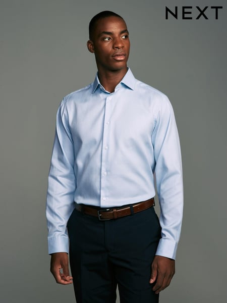 Light Blue Regular Fit Textured 100% Cotton Poplin Long Sleeve Single Cuff Shirt With Cutaway Collar (N23306) | € 24