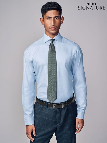 Blue Slim Fit Signature Single Cuff Texture Pima Cotton Shirt With Cutaway Collar (N23308) | € 78
