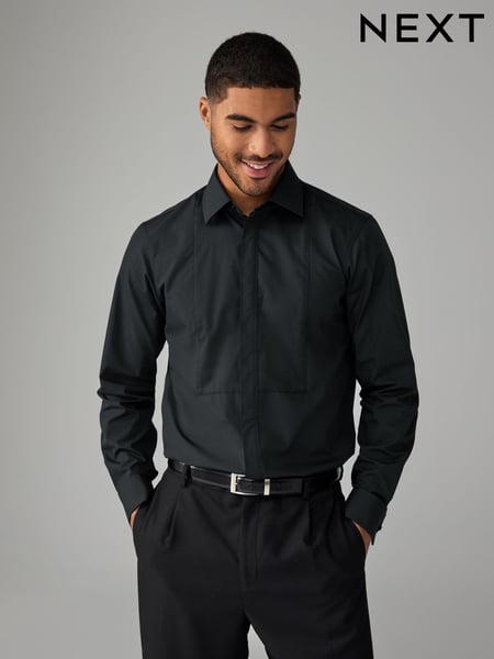 Black Regular Fit Textured Bib Long Sleeve Double Cuff Dress Shirt With Cutaway Collar (N23309) | € 39