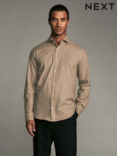 Neutral Brown Regular Fit Brushed Flannel Single Cuff Formal 100% Cotton Oxford Shirt (N23340) | € 17