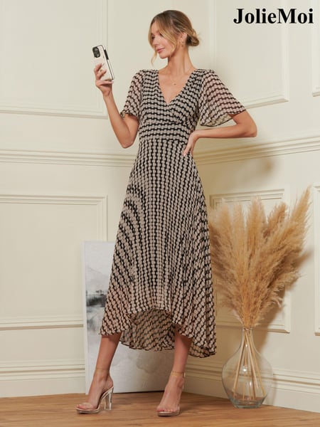 Jolie Moi Brown Spot Angel Sleeve Pleated Chiffon Maxi Dress (N24371) | € 123