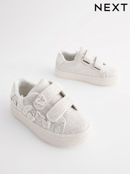White Glitter Standard Fit (F) Butterfly Touch Fasten Strap Trainers (N24715) | € 31 - € 35
