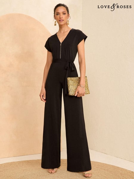 Love & Roses Black Jersey Zip Detail Wide Leg Jumpsuit (N25617) | € 32
