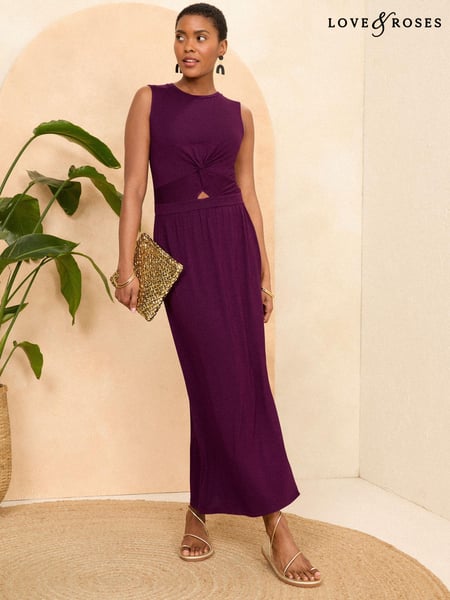 Love & Roses Burgundy Red Knot Front Jersey Sleevless Midi Dress (N25628) | € 25