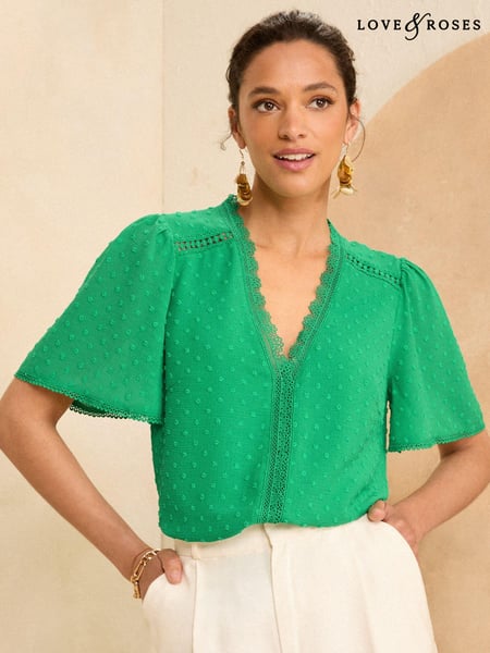 Love & Roses Green Dobby Flutter Sleeve Blouse (N26306) | € 20