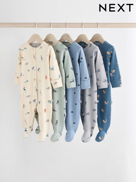 Teal Blue Patterned Baby Sleepsuits 5 Pack (0-2yrs) (N26394) | € 41 - € 44