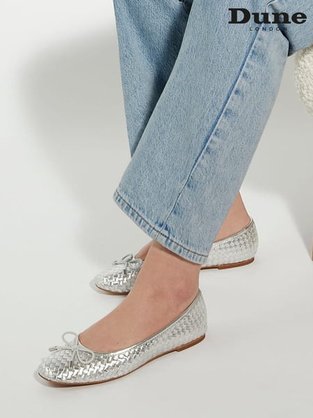 Dune London Silver Heights Flexible Sole Woven Leather Ballerina Flat Shoes (N27174) | € 58