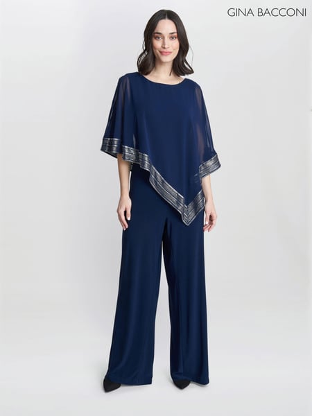 Gina Bacconi Eve Asymmetrical Cape Jumpsuit With Foil Trim (N27622) | € 390